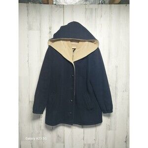 Authentic Mackintosh Vest Coat Hooded 100% Wool Navy & Tan Size 10 Made In USA